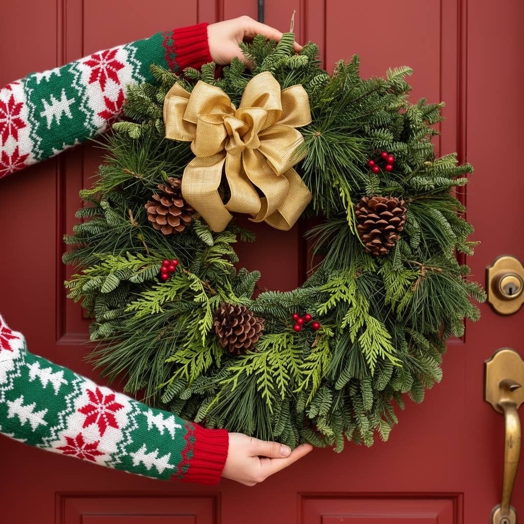 Fresh evergreen wreath with a gold bow, pinecones and red berry accents